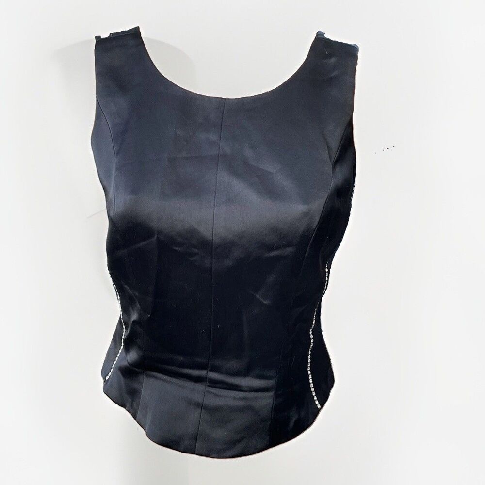 John Murrough Black Satin Evening Top Size S Formal Blouse Rhinestone Zip Fitted